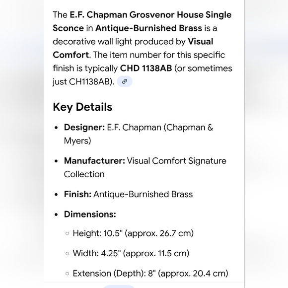 E.F. Chapman Grosvenor House Single Sconce In Antique-Burnished Brass - Picture 2 of 7